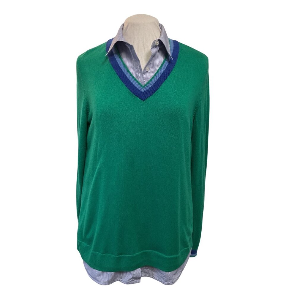 Talbots Womens Green V-Neck Sweater With Blue Collar Detail Size Small